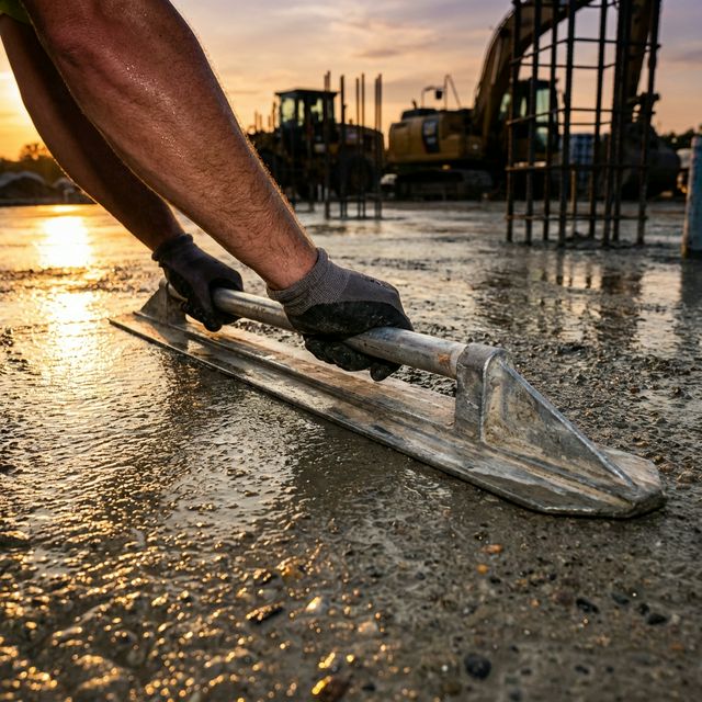 Industrial concrete worker smoothing flatwork with a bull float