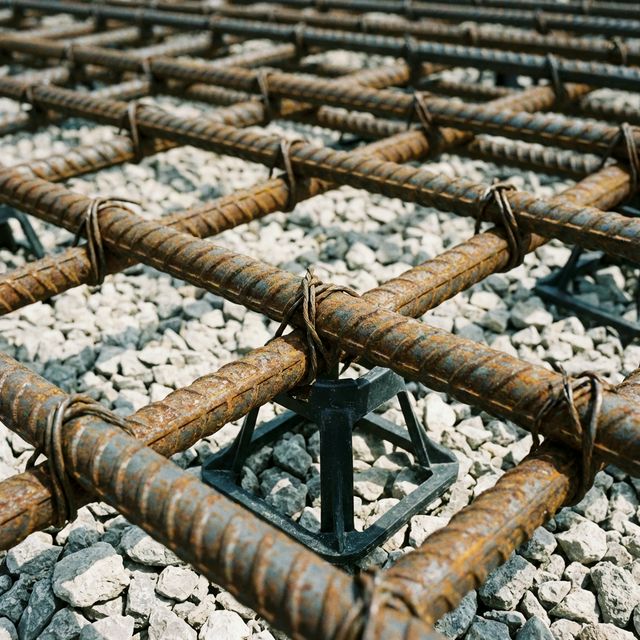 Dense steel rebar grid tied and elevated on chairs for concrete pour