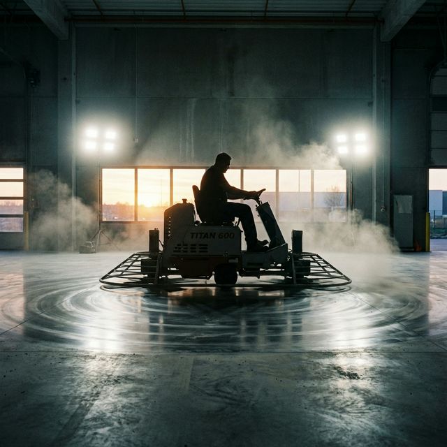 Ride-on power trowel polishing a curing warehouse concrete floor