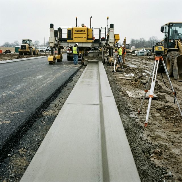 Laser-guided extrusion machine pouring curb and gutter