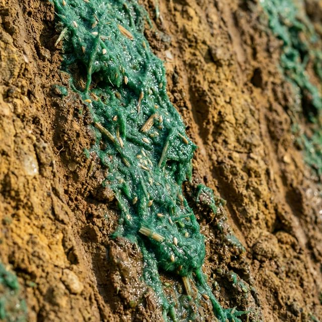 Close-up of vibrant green hydroseed slurry clinging to steep eroded dirt