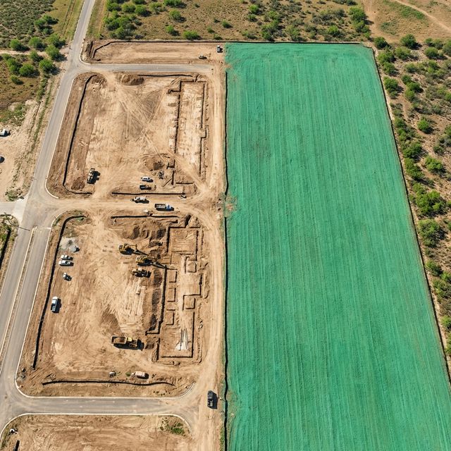Aerial drone shot showing contrast between raw dirt and hydroseeded area