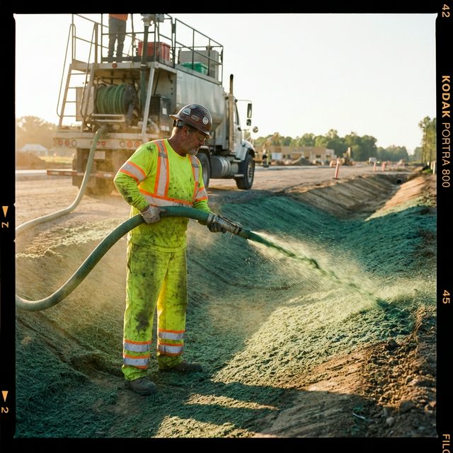 Worker operating high-pressure hydroseeding hose in roadside ditch