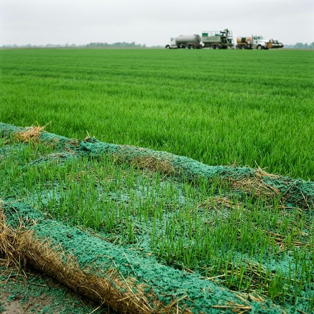 Contrast between heavy duty erosion matrix and delicate new green growth