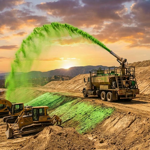 Commercial hydroseeding slurry applied to a large embankment for rapid revegetation