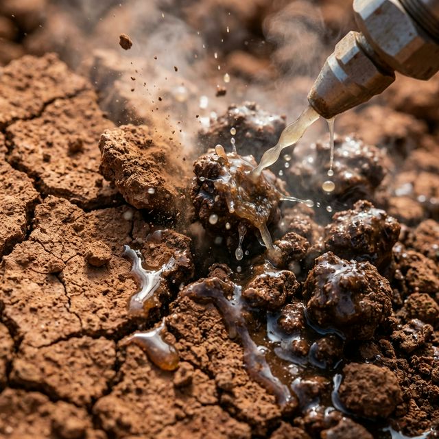 Close-up of raw Texas clay soil being perfectly bound by liquid Permabase chemical