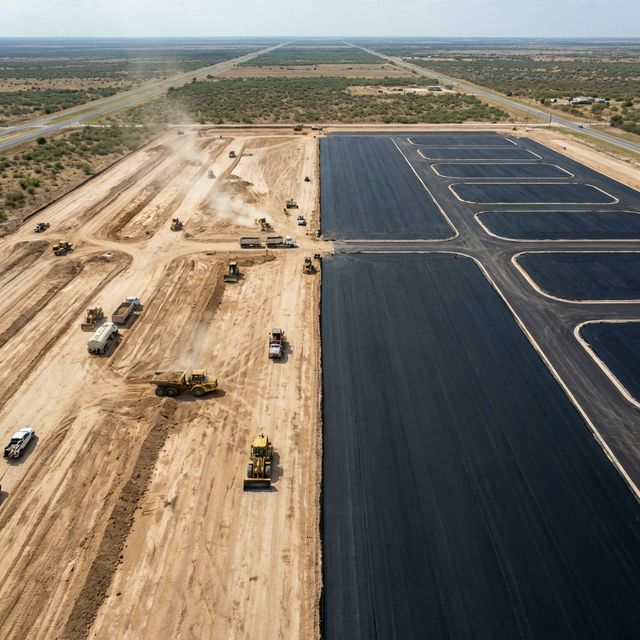 Aerial drone shot showing contrast between raw dirt and compacted Permabase subgrade