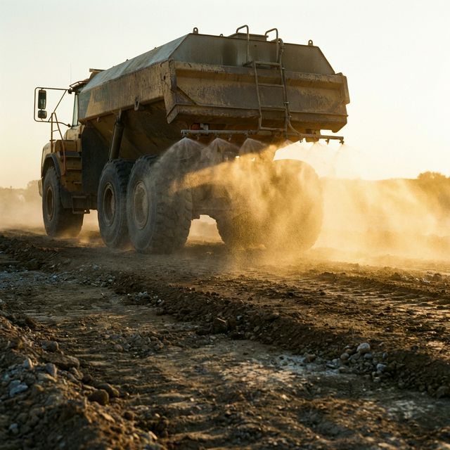 Water truck spraying Permabase stabilization chemical onto dirt