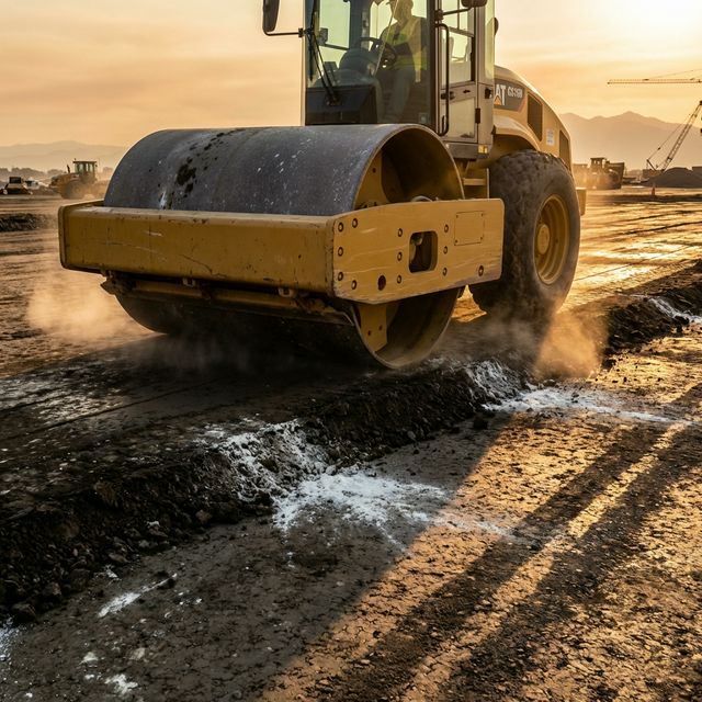Vibratory drum roller compacting the final layer of treated subgrade
