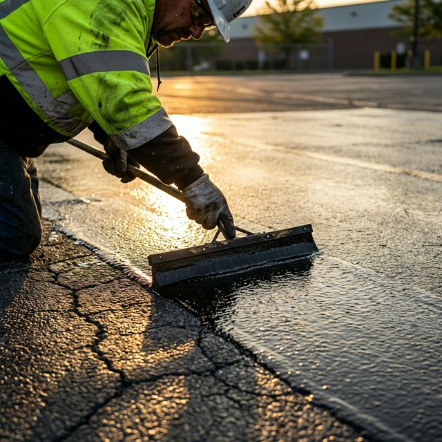 Industrial worker applying jet-black sealcoat to commercial parking lot edge