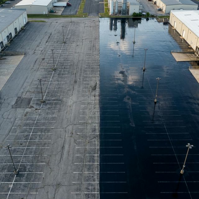 Aerial before-and-after shot of a massive sealcoating project