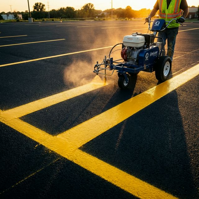 Line striping machine painting yellow safety lines over fresh sealcoat
