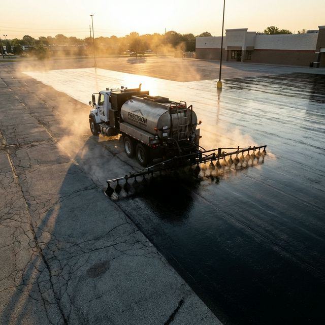 Freshly sealcoated commercial parking lot
