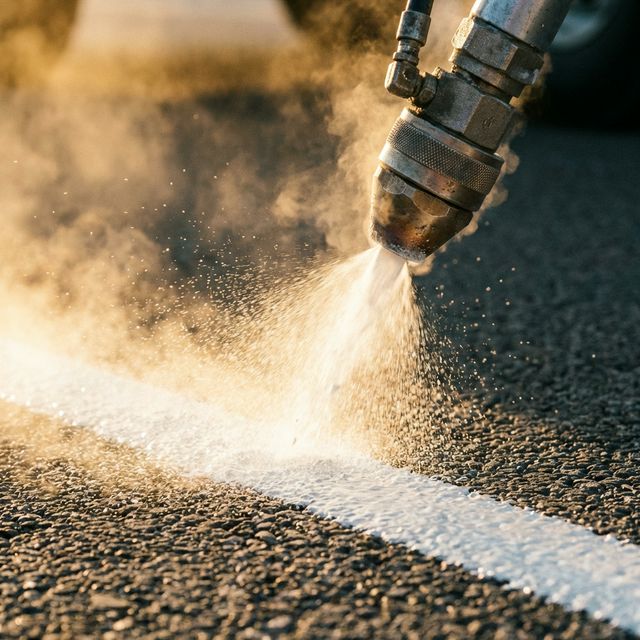 Macro shot of striping machine applying high-pressure white paint
