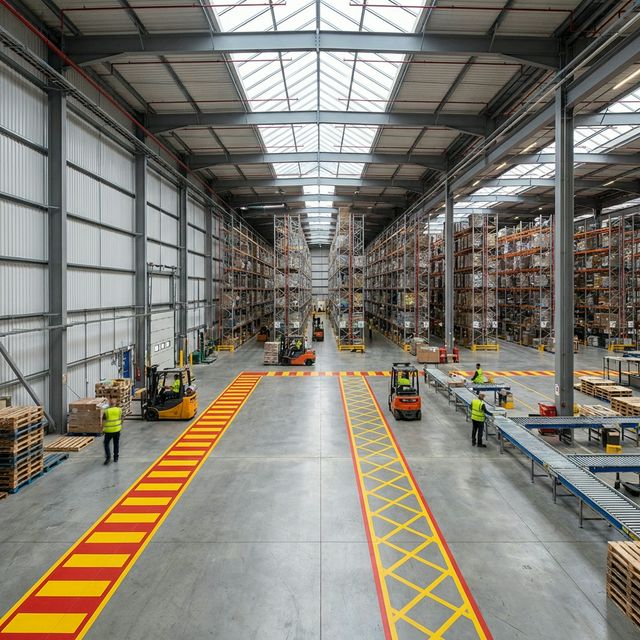 Warehouse distribution center with red and yellow fire lanes